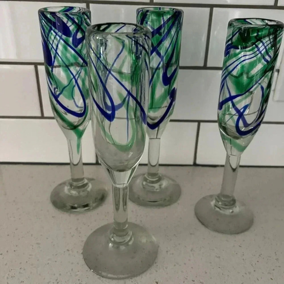 Vintage Set of 4 Handblown Turquoise Waves Champagne Flutes Glass Clear Sz 10x2 - Picture 8 of 9